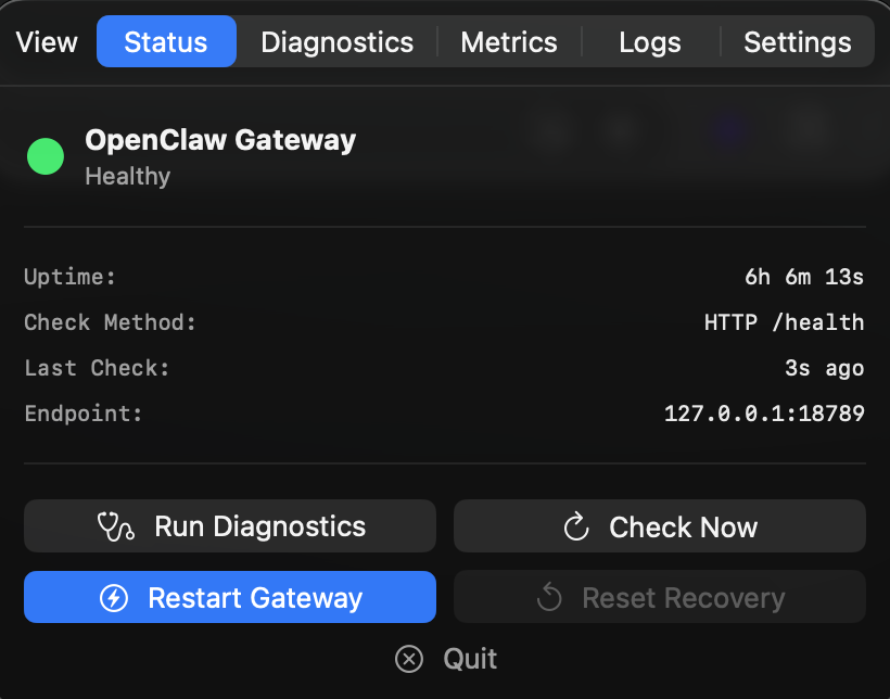 ClawSentinel Status tab — Gateway Healthy